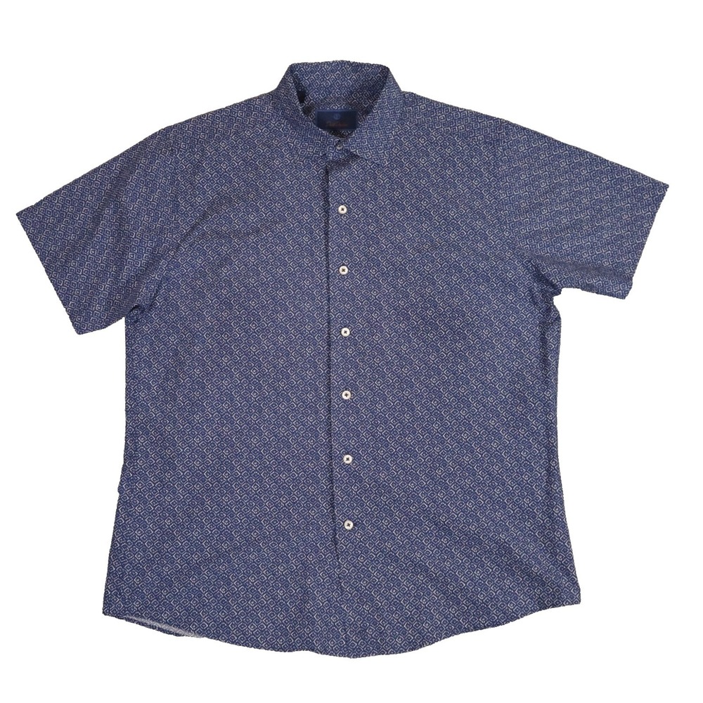 David Donahue Button Down Shirt Mens L Navy Blue Geometric Cotton Short Sleeve